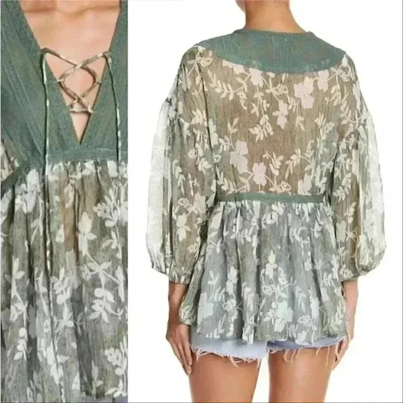 GREEN Floral Lace Up Blouse - Picture 3 of 3